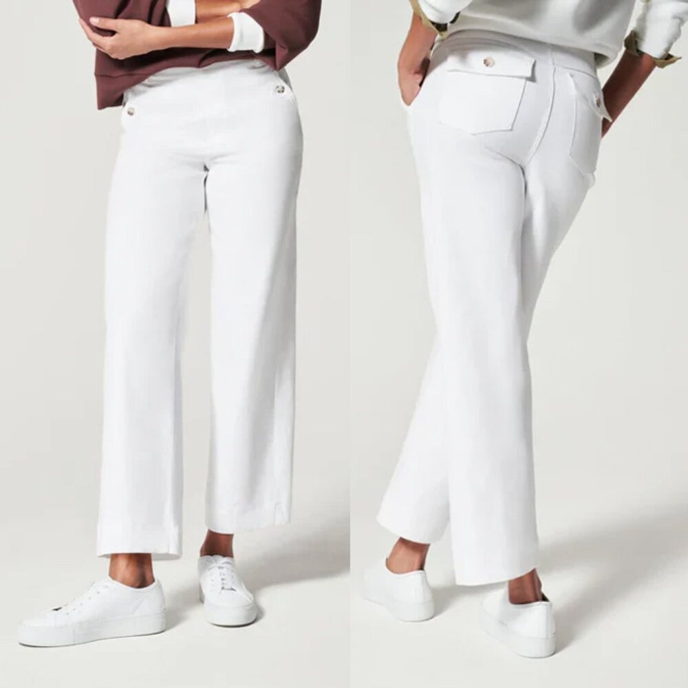 SPANX Women's S Stretch Twill Cropped Wide Leg Pants White Pull On Comfy $128